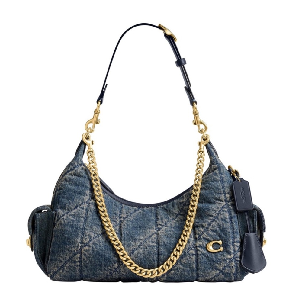 New Coach Quilted Denim Pocket Juliet Shoulder Bag 30 with Gold Chain